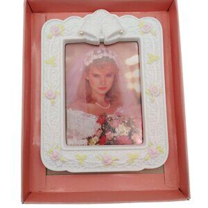 Wedding Day Photo Frame 3.5x5 Bride Picture White Ceramic Bells Flowers 1989